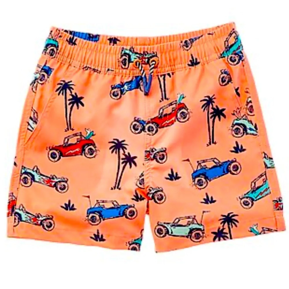 Andy and Evan Sz 7 Swim Trunks - Orange Car Print Shorts